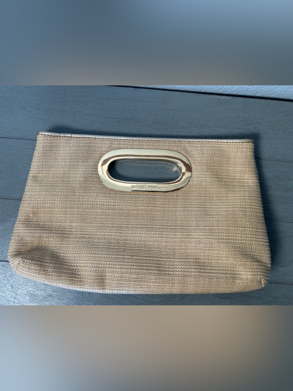 Michael Kors Neutral Beige Canvas Clutch with Gold Accent